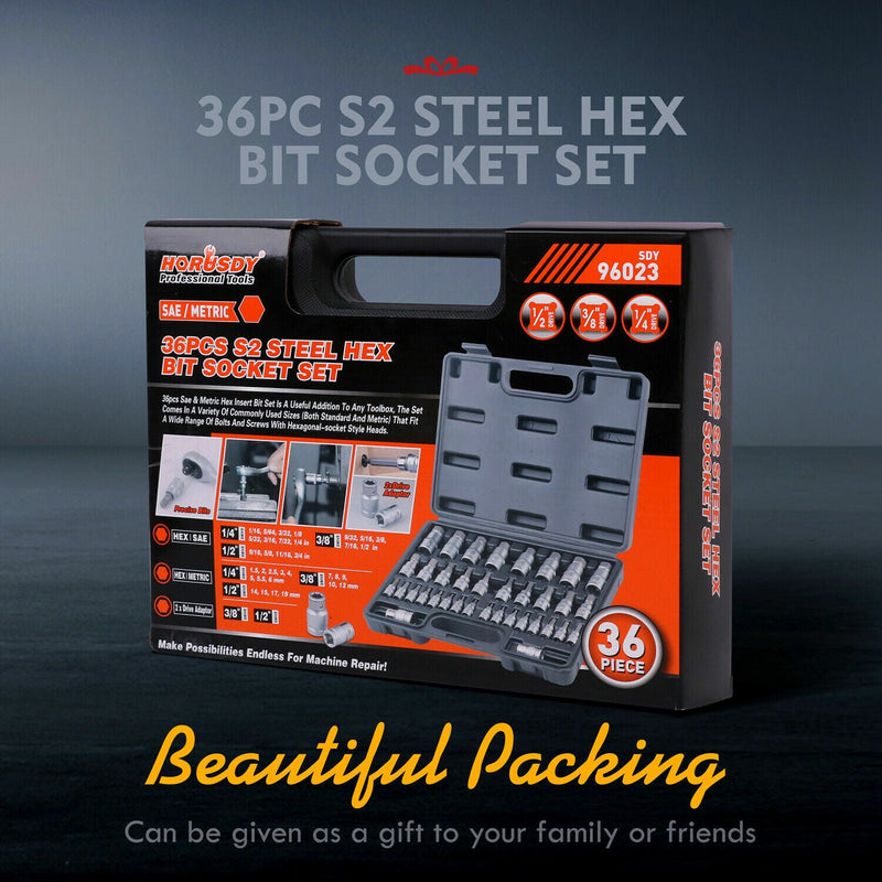 36-Piece Hex Bit Socket Set, SAE and Metric Sizes, S2 Steel Hex Bits, Chrome Vanadium Steel Sockets and Adapters with Storage Case