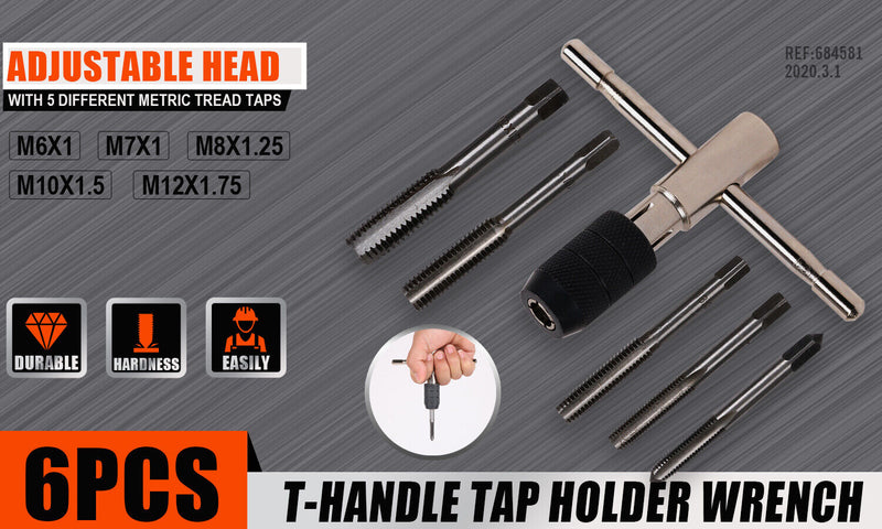 6Pc Tap Wrench Set T-Handle Screw Thread Taper M6 - M12 HSS Repair Heavy Duty
