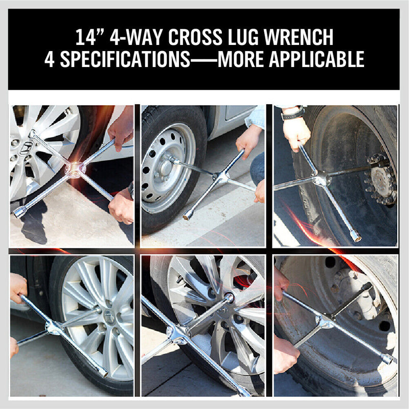 14" Wheel Brace Spanner 4-way Cross Wrench Car Tyre Nut 17 19 21 23mm Socket