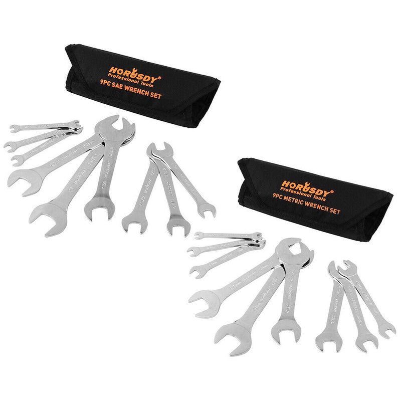 HORUSDY Super Thin 18Pc Wrench Set Open End Spanner 3mm CRV Metric & SAE w Pouch