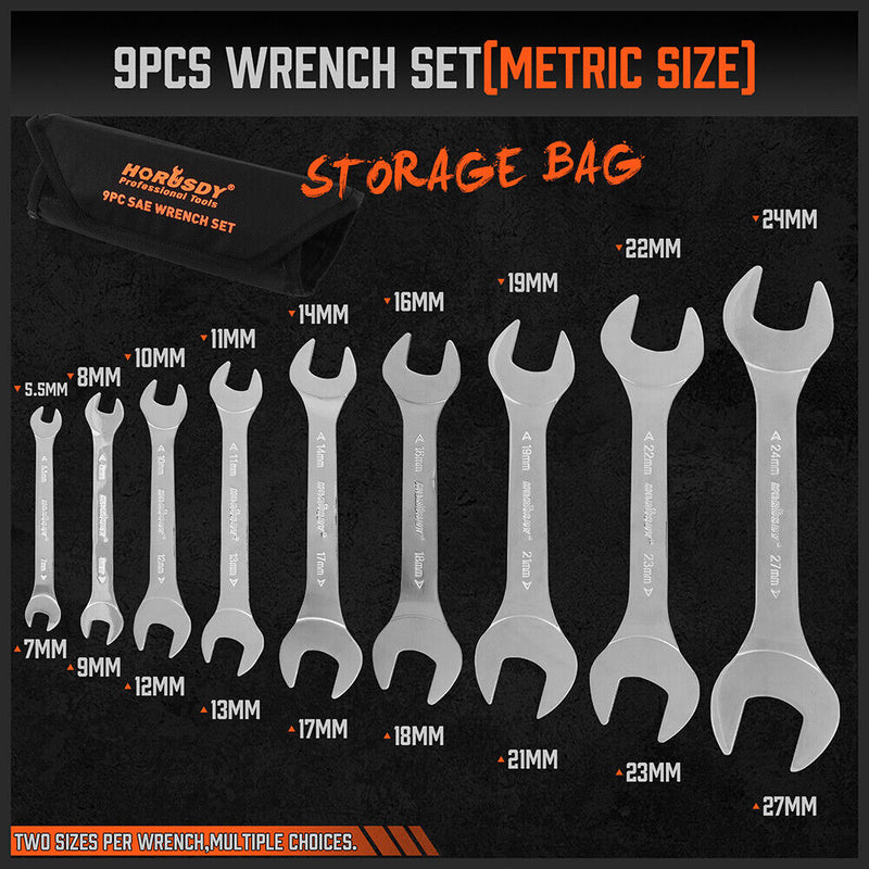 HORUSDY Super Thin 18Pc Wrench Set Open End Spanner 3mm CRV Metric & SAE w Pouch