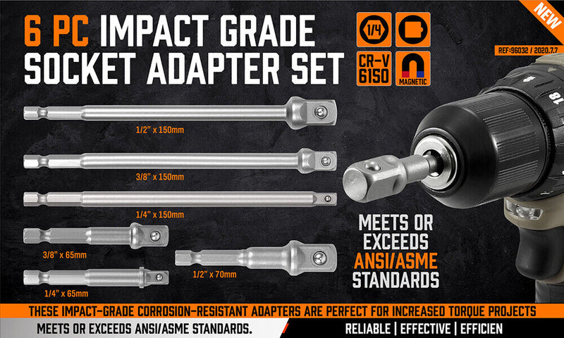 6Pc Drill Socket Adapter Set Long Short Combination Extension Impact Nut Driver