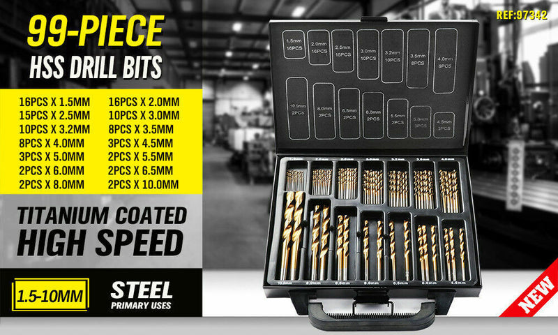 99Pc Drills Set HSS Titanium Coated Wood Plastic Metal Metric 1.5-10mm With Case