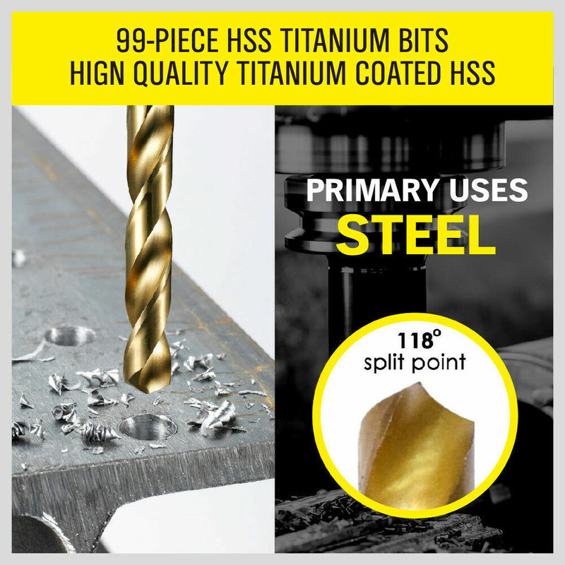 99Pc Drills Set HSS Titanium Coated Wood Plastic Metal Metric 1.5-10mm With Case