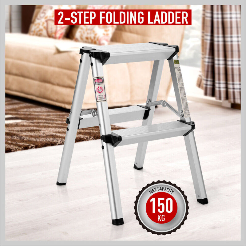 2-Step Portable Folding Ladder, Aluminum Frame Lightweight Home Ladder with Anti Slip Design, 150KG Capacity