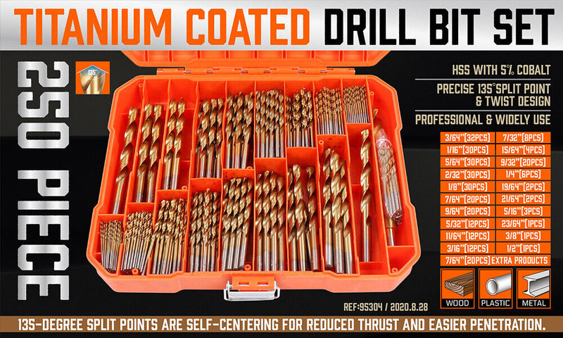 250x Twist Drill Bits Set Titanium Coated HSS for Metal Steel Wood Plastic Alloy
