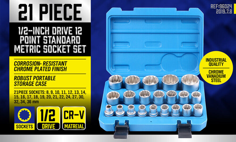 21Pc 12-Point Socket Set 1/2-inch Drive Grip Sleeve Storage Case Metric 8mm-36mm