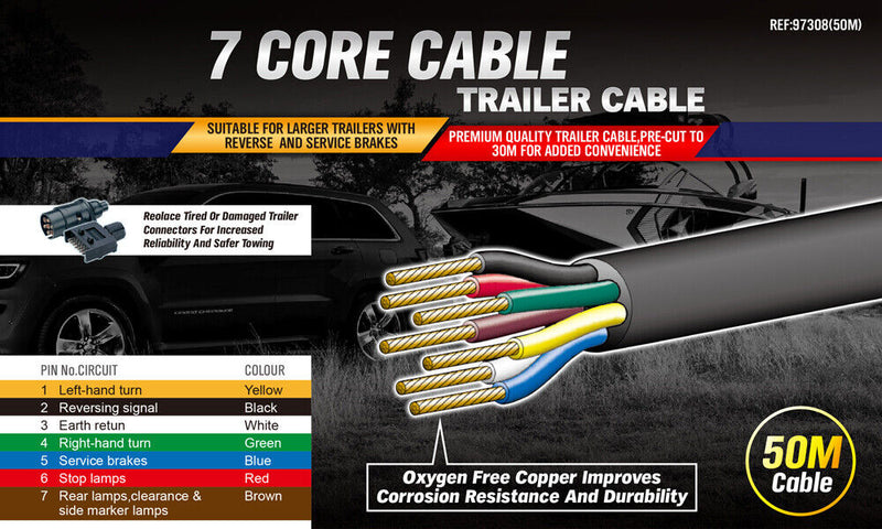 50M X 7 Core Wire Cable Trailer Cable Automotive Boat Caravan Truck Coil V90 PVC