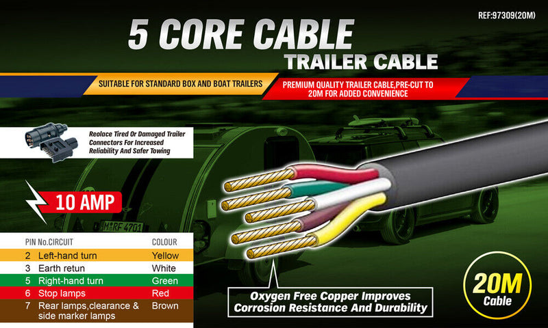 20M X 5 Core Wire Cable Trailer Cable Automotive Boat Caravan Truck Coil V90 PVC