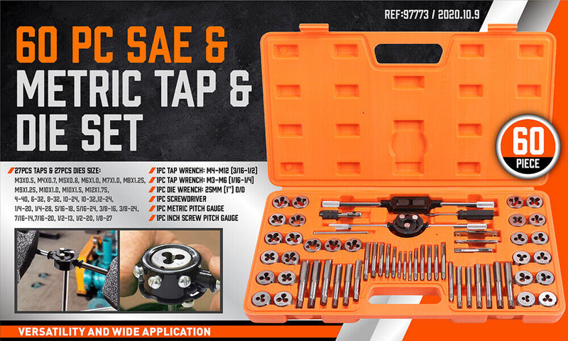 60Pc Tap And Die Set Metric Imperial Screw Screwdriver Thread Drill Pitch Gauge