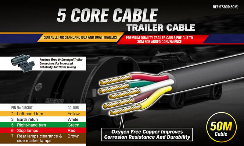 50M x 5 Core Wire Cable Trailer Cable Automotive Boat Caravan Truck Coil V90 PVC