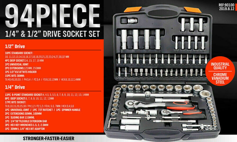 94Pc Socket Ratchet Wrench Set Screwdriver Bits Extension Torx Hex 1/4" 1/2" Dr.