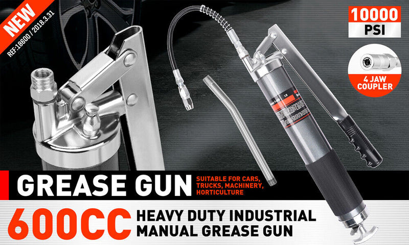 Heavy Duty 600cc Manual Grease Gun Flexible Hose Coupler 10000PSI Oiling Tools