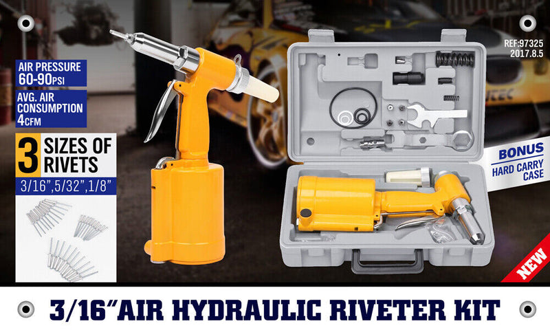 Air Hydraulic Pop Rivet Gun Pneumatic Riveter Industrial 4-Size Set With Case