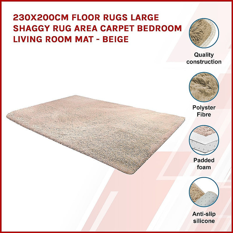 230x200cm Floor Rugs Large Shaggy Rug Area Carpet Bedroom Living Room Mat - Beige