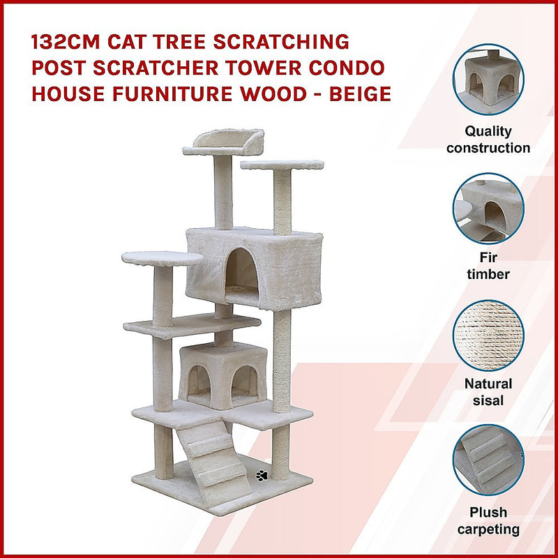 132cm Cat Tree Scratching Post Scratcher Tower Condo House Furniture Wood - Beige