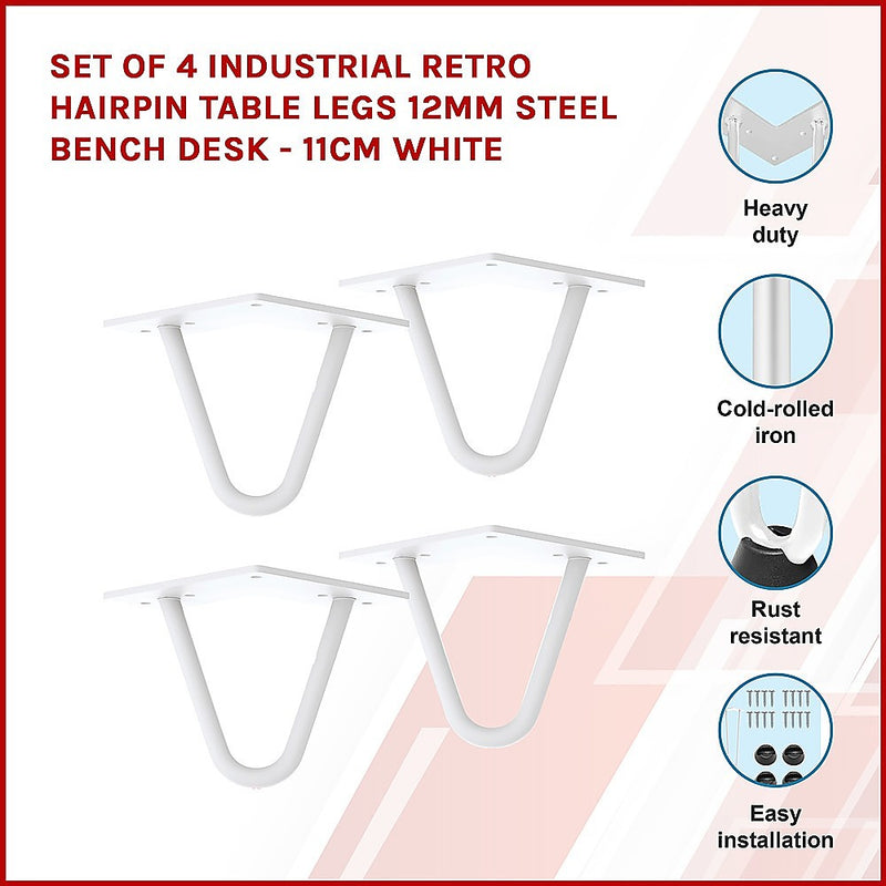 Set of 4 Industrial Retro Hairpin Table Legs 12mm Steel Bench Desk - 11cm White