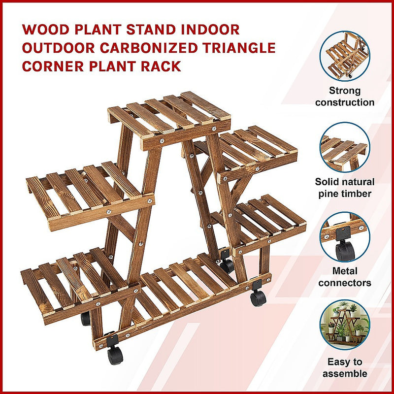 Wood Plant Stand Indoor Outdoor Carbonized Triangle Corner Plant Rack