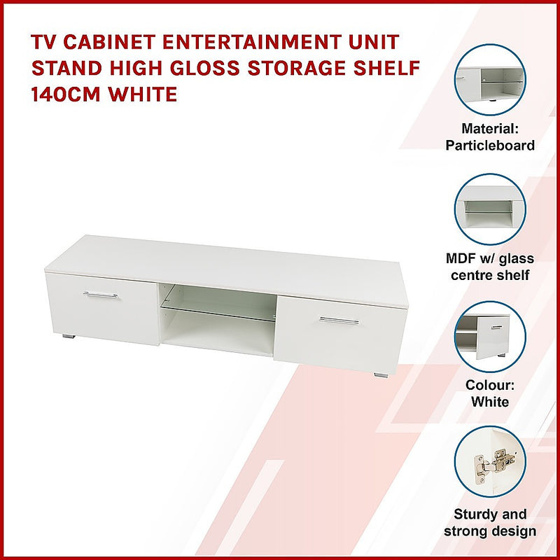 TV Cabinet Entertainment Unit Stand High Gloss Storage Shelf 140cm White