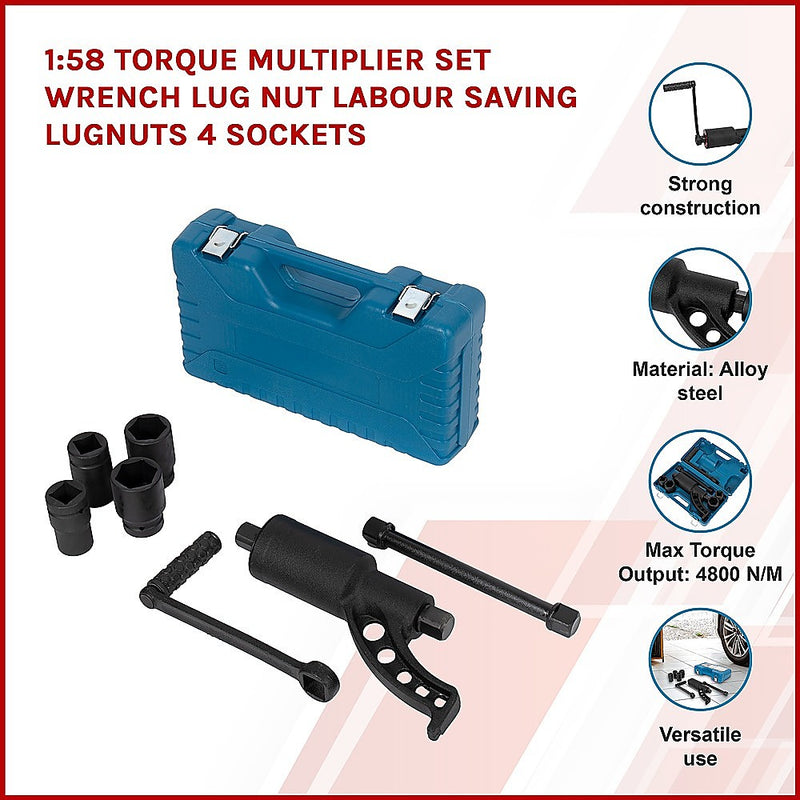 1:58 Torque Multiplier Set Wrench Lug Nut Labour Saving Lugnuts 4 Sockets
