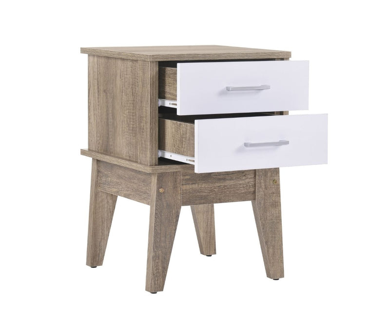Wooden 2 Drawers Bedside Table in Light Oak Finish with White Accent
