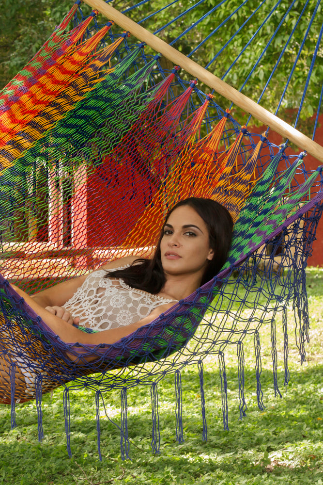Mayan Legacy Queen Size Outdoor Cotton Mexican Resort Hammock With Fringe in Mexicana Colour