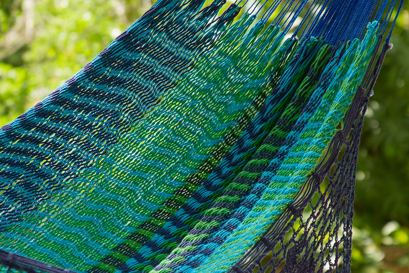 Outdoor undercover cotton Mayan Legacy hammock with hand crocheted tassels King Size Caribe