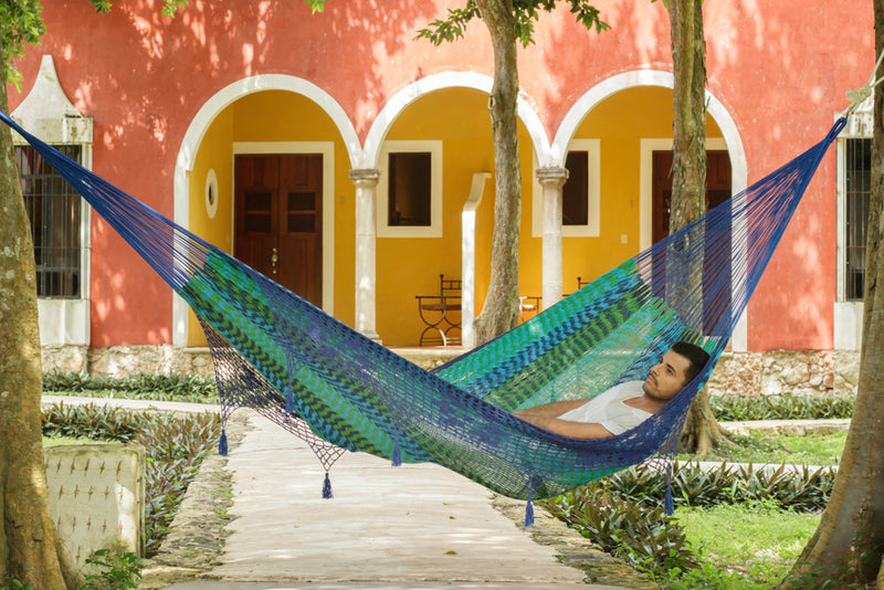 Outdoor undercover cotton Mayan Legacy hammock with hand crocheted tassels King Size Caribe