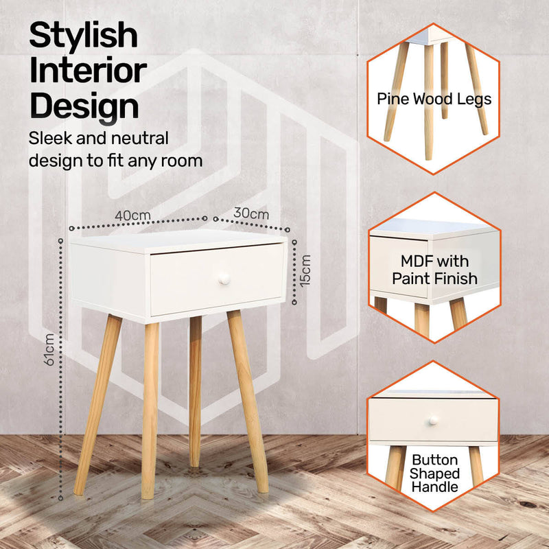 Home Master 1 Drawer Side Table Sleek Modern &amp; Stylish Neutral Design 61cm
