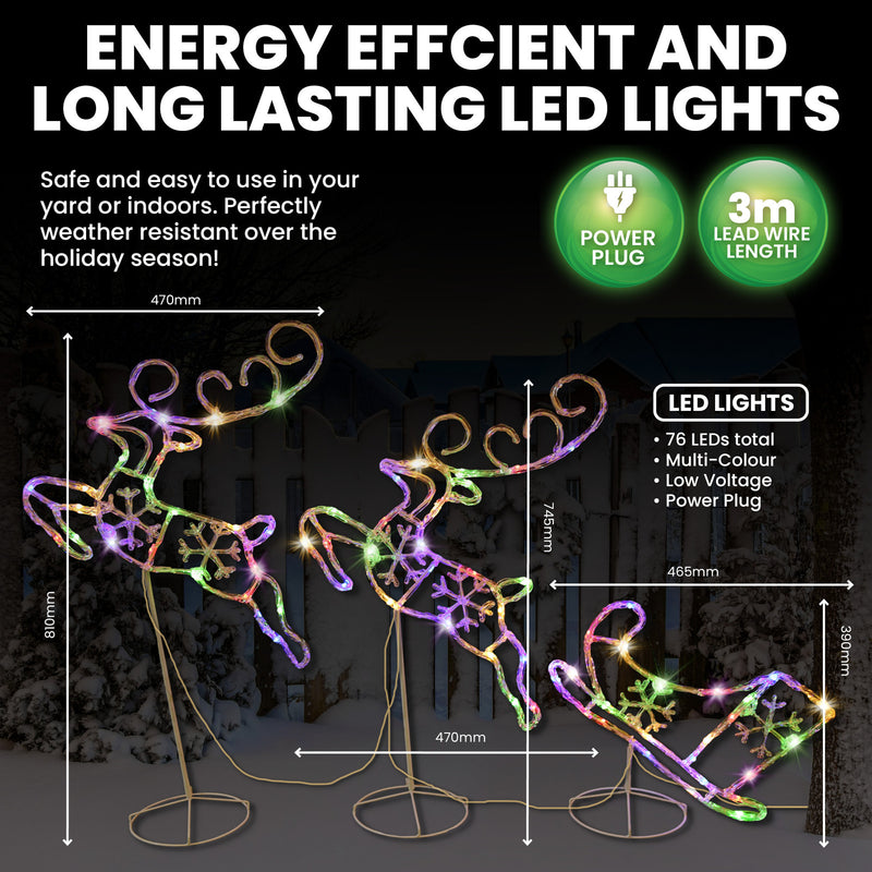 SAS Electrical 3m Reindeer & Sleigh Set Rope Light With Stands Multi-Colour