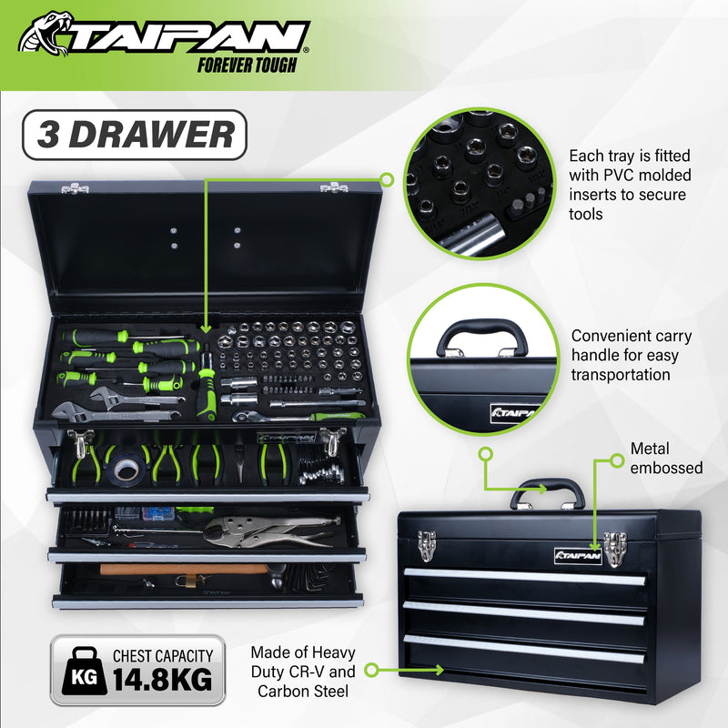 Taipan 300PCE 3 Drawer Tool Chest Kit Premium Quality Chrome Vanadium Steel