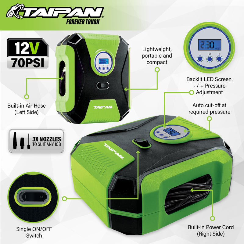 Taipan Compact Air Compressor 12V 70PSI LED Display Screen Various Nozzles